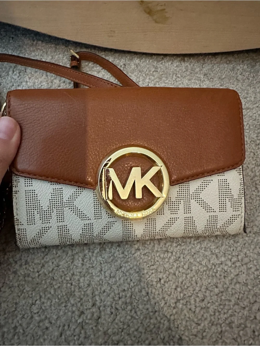 Michael Kors Brown Leather & Cream MK Logo Crossbody Wallet with Gold Logo